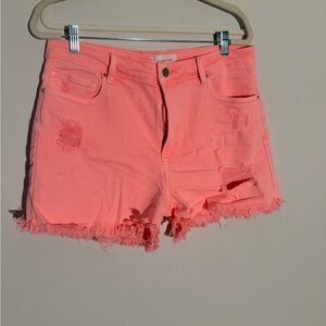 Risen | High-Rise Bright Coral Distressed Denim Shorts